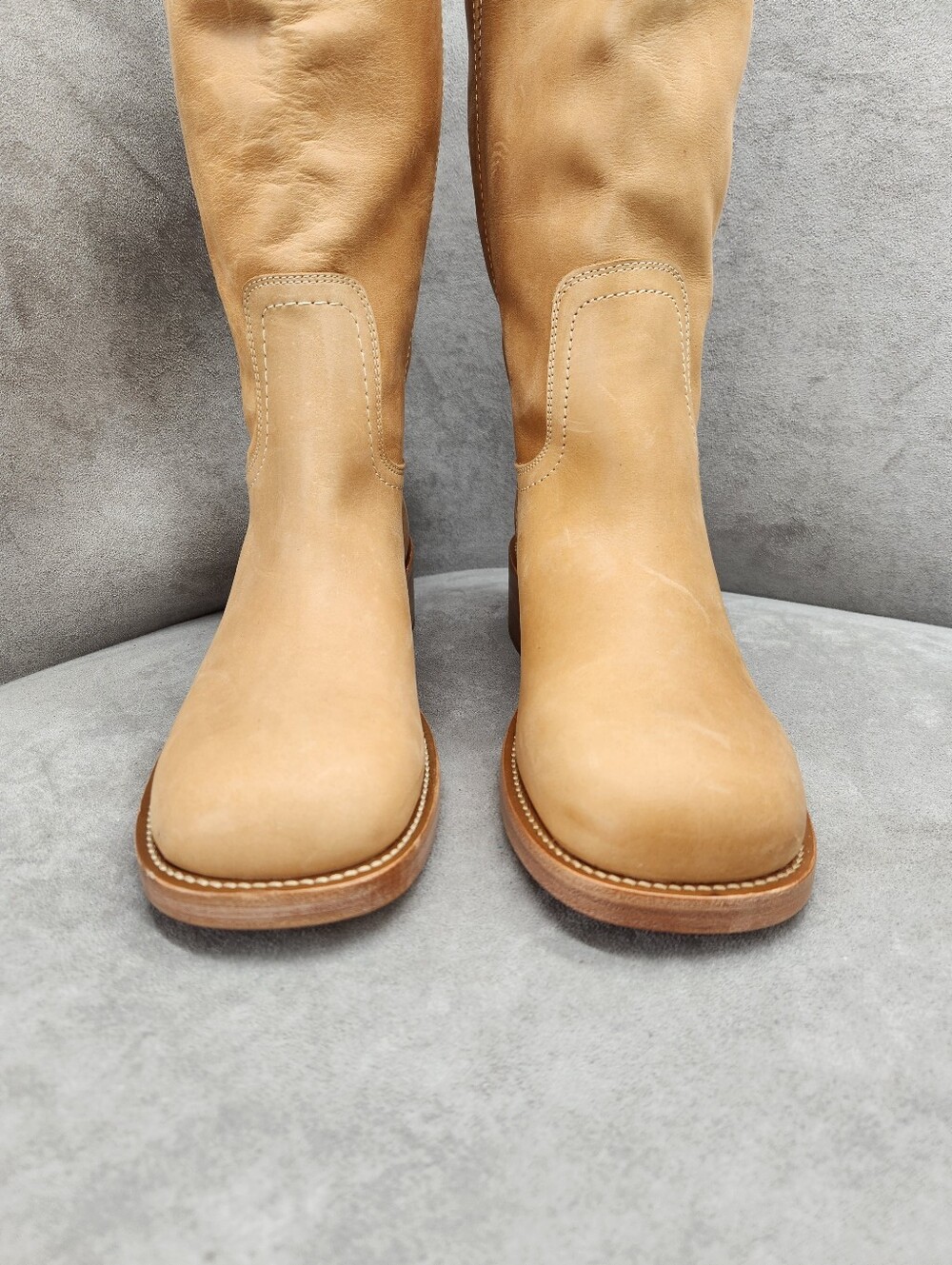Steve Madden Knee High Boots 5.5 Tan Leather Riggs Biker Chunky Pull On New $200 - Picture 14 of 17